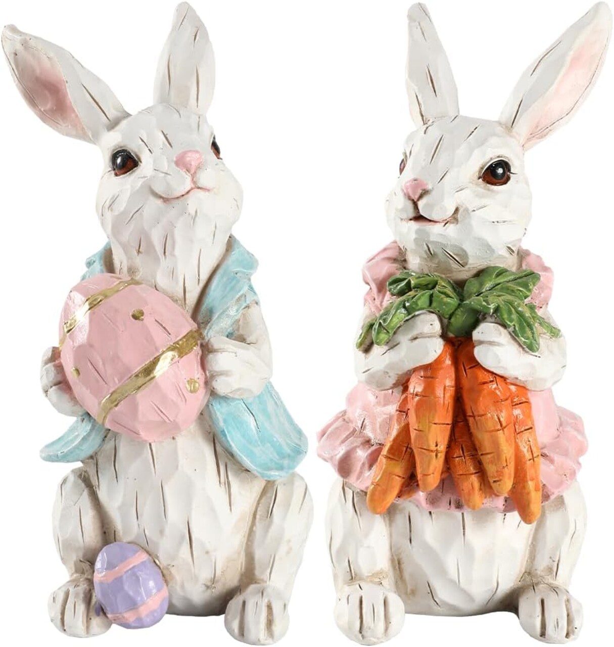 Easter Bunny Figurines Set of 2 - Hand-Painted Resin Rabbit Decorations with Carrots and Easter Egg (White)